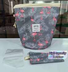 Drastring Cosmetic Bag Slouchy Travel Makeup Bag For Women Toiletry Quick Packing Pouch Organizer, Flamingo Pattern - Purple - View 1