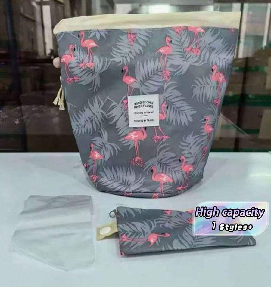 Drastring Cosmetic Bag Slouchy Travel Makeup Bag For Women Toiletry Quick Packing Pouch Organizer, Flamingo Pattern - Purple - View 1