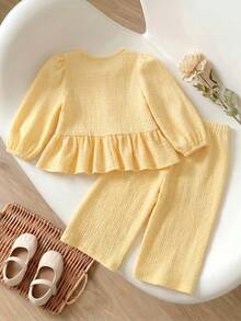 SHEIN Playful Pals 女嬰幼童新生兒 0-3 歲秋冬百搭日常淡黃色蝴蝶結長袖上衣 + 長褲套裝 - 黃色 - 查看 2