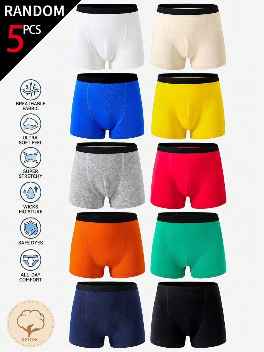 SHEIN 男童內褲 5入組 舒適棉質印花四角內褲 隨機款 酷萌蜘蛛圖案 紅色系多色多花紋 - 彩色 - 查看 1