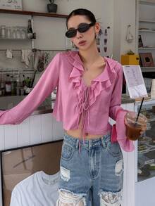 DAZY Women's Spring/Autumn Casual Vacation Style Solid Color Multi-Layer Ruffle Tie-Knot Flared Sleeve Cropped Top - Pink - View 5