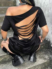Whyspr Plus Size Casual Sexy Asymmetric Neck Back Cutout T-Shirt Print Top - Black - View 2