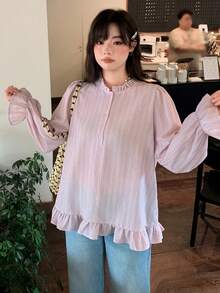 Dazy Plus 條紋寬鬆長袖荷葉邊休閒度假夏季女裝襯衫 粉色女孩休閒大尺碼女款 春夏秋季襯衫 - 粉色 - 查看 7
