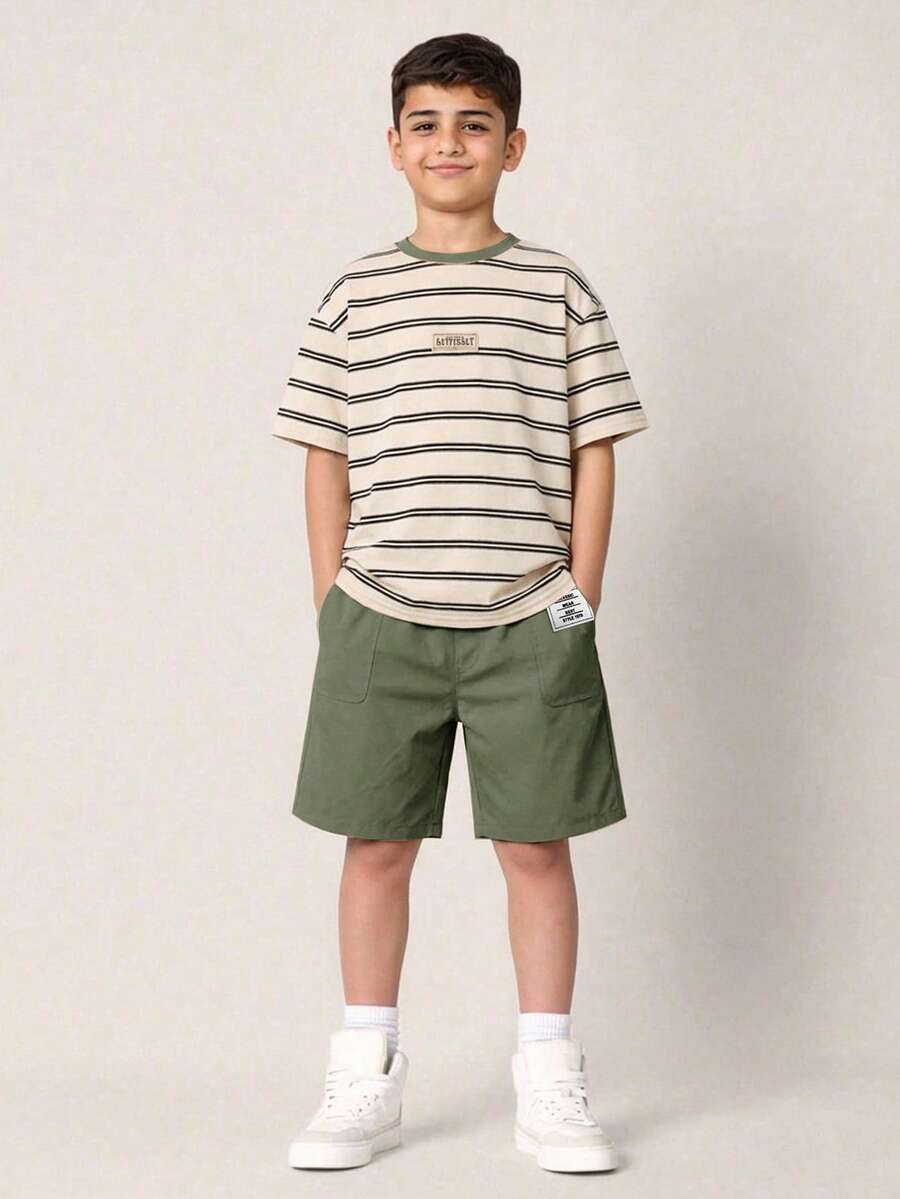 2pcs/Set Tween Boys Casual Comfortable Versatile Striped Print T-Shirt And Solid Color Shorts Set - Army Green - View 1