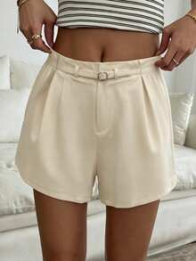 INAWLY Women's French Style Pleated Pocket Casual Shorts, Suitable For Daily Commute And Office Brunch Vacation Wear Beige Summer - Apricot - View 5