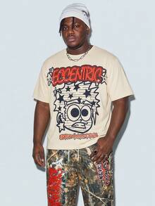 Modcrash Plus Size Men's Loose Fit Cartoon Red & White Graffiti Figure & Branch Camouflage Print Knit Short Sleeve T-Shirt & Pants Set, Casual & Fashionable, Plus Size Fit, Perfect For Dates And Gatherings, Great Gift For Boyfriend - Multicolor - View 3
