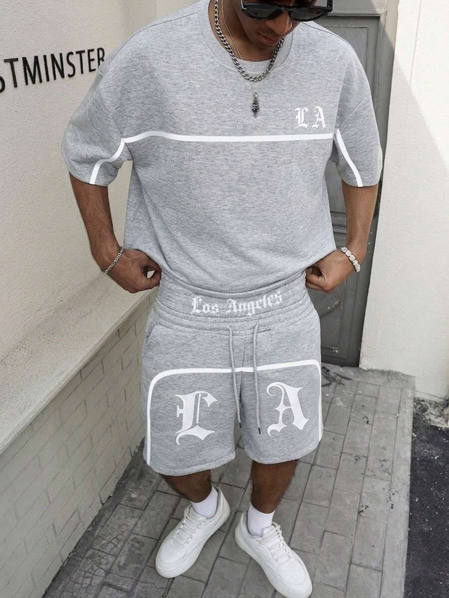 PAVTROS Bộ quần short nam phong cách đường phố White Line LA Print phối màu, trang phục thường ngày thoải mái, quà tặng cho bạn trai/chồng, quà kỷ niệm. - Màu Xám nhạt - Xem 1
