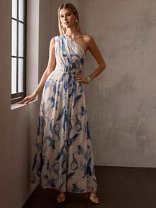 MOTF Soiréza ELEGANT WOMEN'S SLEEVELESS ONE SHOULDER MAXI PARTY GOWN WITH DETACHABLE BELT, CHEST RUCHED DETAILING, FOR EDGY SOPHISTICATION FOR VALENTINE'S DAY, EVENING GALAS, WEDDING GUEST ATTIRE, ANNIVERSARY CELEBRATIONS, PROM NIGHTS, HOLIDAY BASHES, ELEGANT BIRTHDAY CELEBRATIONS - Dusty Blue - View 5
