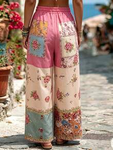 Zayélia Women's Casual Boho Versatile Elegant Loose Fit Pink Floral Print Wide Leg Long Pants For Autumn And Beach - Pink - View 2