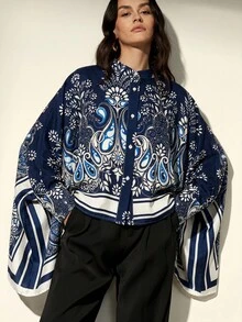Frievida Kemeja Wanita Gaya Liburan Lengan Panjang Longgar dengan Desain Blok Warna Vintage Elegan untuk Komuter dan Syal Persegi di Bagian Bawah Lengan. - Navy Blue - View 7