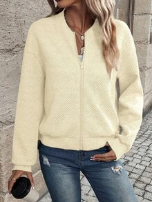 EMERY ROSE Women's Casual Everyday Solid Color Zipper Front Drop Shoulder Jacket - Apricot - View 6