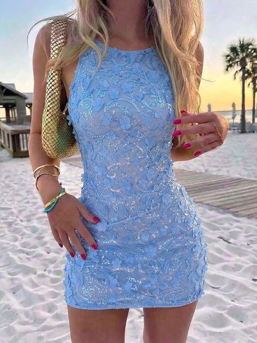 Aloruh New Elegant Sexy Backless Mini Dress, Suitable For Beach, Resort, Party, Green Solid Color Beaded Embroidery Backless Sleeveless Mini Dress - Blue - View 1