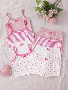 8件組夏季女童幼童簡約時尚粉色與白色甜心條紋印花吊帶上衣與短褲套裝 - 彩色 - 查看 3