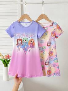 Set Baju Tidur Panjang dan Baju Santai Minimalis Modis untuk Balita Perempuan, Warna Pink dan Abu-abu, Motif Domba Kartun Lucu, 2 Potong, Lengan Pendek dan Panjang - MultiWarna - View 3