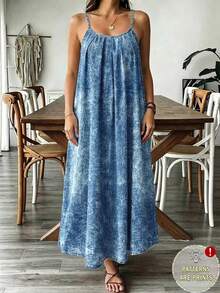 EMERY ROSE Plus Size Blue Textured Pattern Spaghetti Strap Backless Vacation Style Loose Comfortable Dress, Beach Dress, Spaghetti Strap Dress, Bohemian Style Vacation Outfit - Blue - View 2