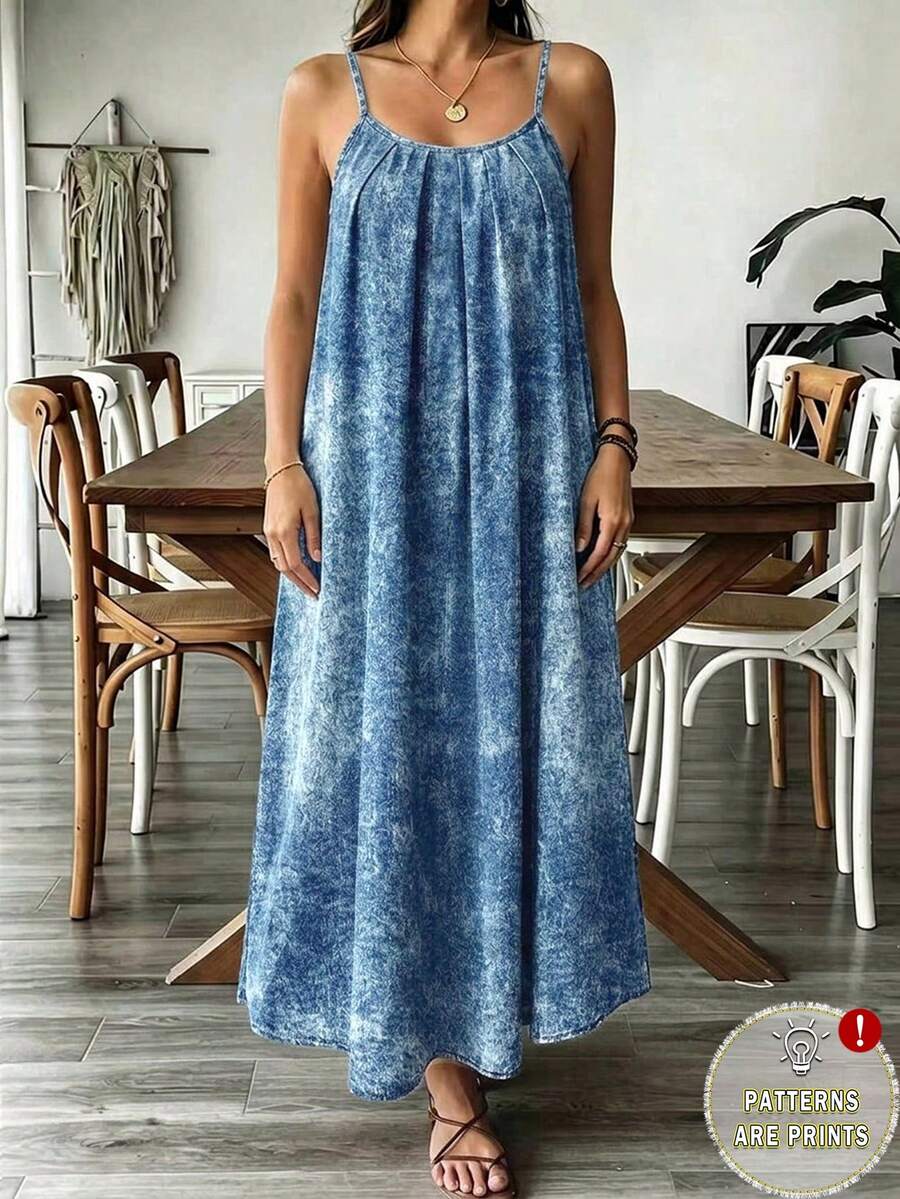 EMERY ROSE Plus Size Blue Textured Pattern Spaghetti Strap Backless Vacation Style Loose Comfortable Dress, Beach Dress, Spaghetti Strap Dress, Bohemian Style Vacation Outfit