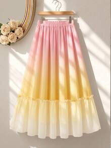 Modelyn 女款春夏季編織拼接印花漸層A字版型荷葉邊裙襬優雅浪漫長裙 - 彩色 - 查看 3