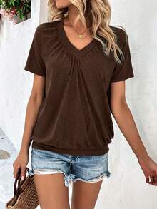SHEIN LUNE Camiseta de manga corta de unicolor versátil y casual de verano - Café integral - Ver 3