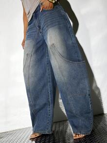 Denimoi Oversized Pocket Barrel Leg Jeans Fashionable Denim Barrel Leg - Medium Wash - View 4