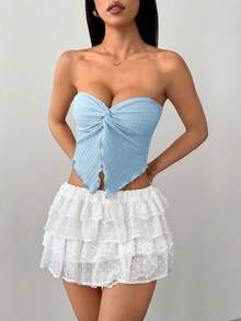 SHEIN PETITE 女款鵝黃色針織紋理抹胸上衣，前中打結開衩波浪邊修身款，適合下午茶、街頭、度假、秋冬穿著，可內搭或外穿，派對穿搭，適合嬌小女性 - 淺藍色 - 查看 5