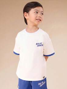 SUMWON 里约热内卢图案印花圆领T恤和短裤套装，适合幼儿夏季休闲热带度假装 - 藍色 - 查看 3