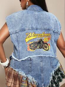 Slaydiva Women's Plus Size All-Season Outdoor Fashion Versatile Flame Motorcycle Graphic Distressed Blue Denim Jacket - Light Wash - View 1