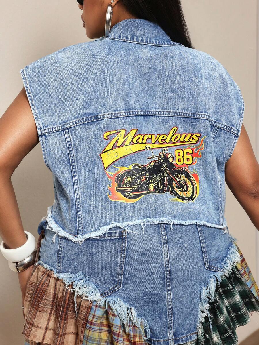 Slaydiva Women's Plus Size All-Season Outdoor Fashion Versatile Flame Motorcycle Graphic Distressed Blue Denim Jacket - Light Wash - View 1