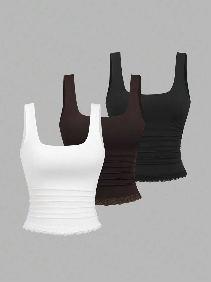 Sweetra Bộ 3 món thời trang hot girl phong cách Âu Mỹ xuân/hè mới, áo tank top ren hở lưng gợi cảm tôn dáng, màu trơn đa năng, mặc thường ngày đi làm và hẹn hò cho nữ - Nhiều màu - Xem 1