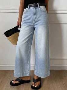 DAZY Solid Color Loose Flare Pants With Split Line Pockets Casual Old Money Street Style Autumn Women Long Pants - Blue - View 2
