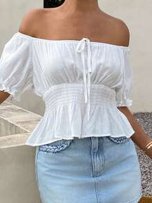 DAZY Solid Color Fitted Off Shoulder Short Sleeve Casual Cottagecore Romantic Boho Tropical Vacation Summer Women's Shirt Cute Top School White - White - View 6