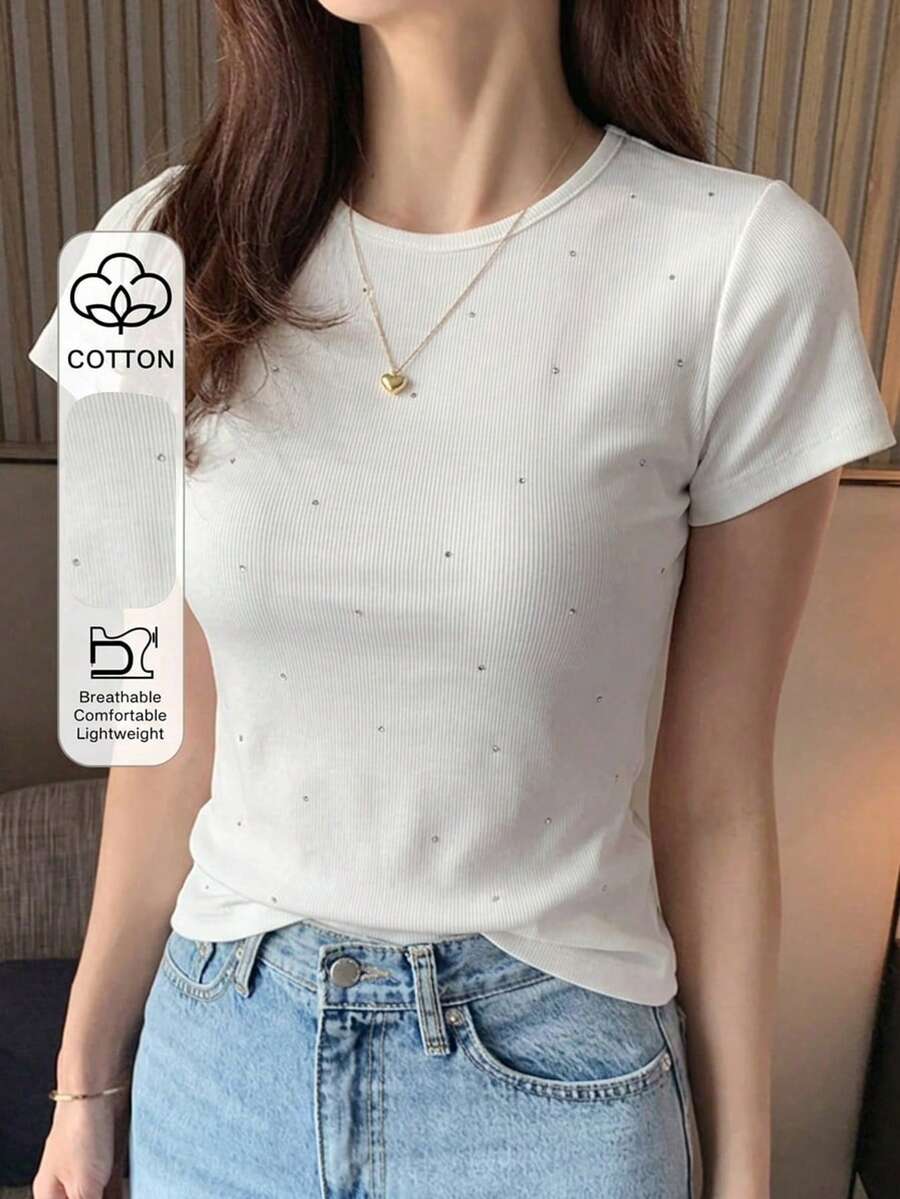 DAZY Women's Round Neck Solid Color Basic White Short Sleeve T-Shirt, Spring/Summer - White - View 1