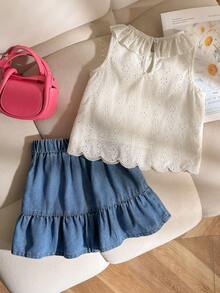 Genkimix Kids Young Girl Summer Beach Casual Sweet Cute Solid Color Schiffy Lace Sleeveless Tank Top And Ruffle Hem Denim Skirt Set - Multicolor - View 4