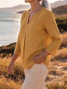 EMERY ROSE Middle-Aged And Elderly Women's Linen Shirt, Ginger Yellow Linen V-Neck 3/4 Sleeve Blouse, Loose Fit Flattering Slimming Top For Moms - Mustard Yellow - View 3