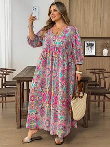 SHEIN CURVE+ Plus Size Paisley Print V-Neck Loose Lantern Sleeve Dress - Multicolor - View 1