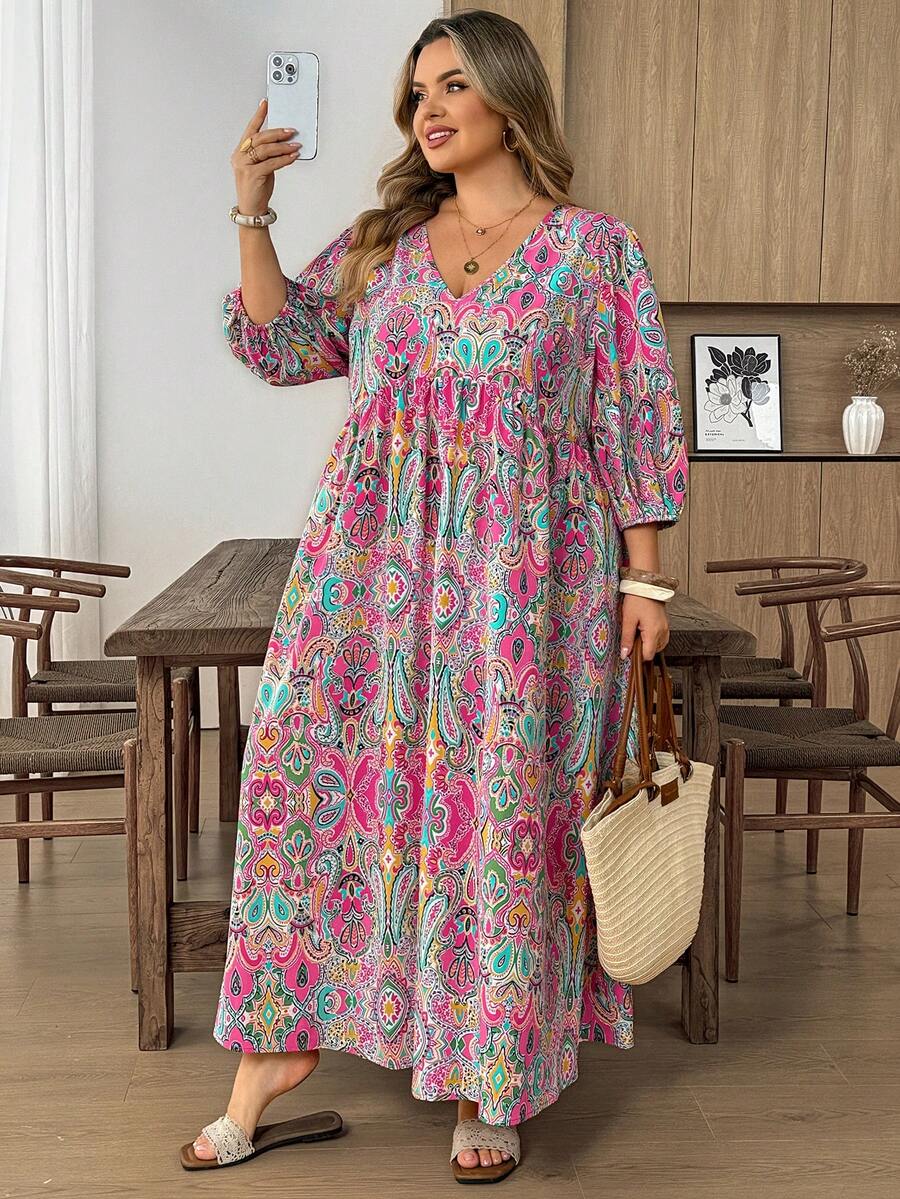 SHEIN CURVE+ Plus Size Paisley Print V-Neck Loose Lantern Sleeve Dress - Multicolor - View 1