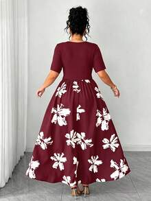 Elenzga Große Größen Lässig Urlaub Pendeln Patchwork Blumenmuster gerafftes Bustier Kleid - Bordeaux - Übersicht 2