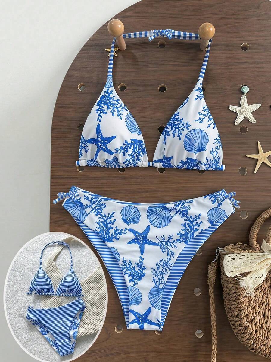 SHEIN Teen Girls' Summer Beach Vacation Blue & White Ocean Creature Print Halter Bikini Set - Blue and White - View 1