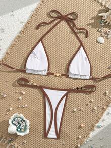 Swim Vcay Conjunto de bikini de dos piezas con parte superior triangular de cuello de halter y ribete de contraste, ideal para el verano y la playa - Blanco - Ver 2