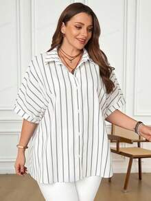Rosumi Plus Size Short Sleeve Drop Shoulder Front Button Loose Casual Striped Shirt - White - View 9