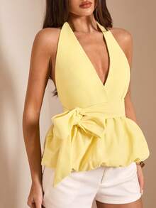 SHEIN BAE Spring/Summer Solid Yellow Deep V-Neck Halter Backless Puff Blouse For Women - Light Yellow - View 7
