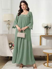 Al Najma 保守度假風復古刺繡女款阿拉伯長裙 - 綠色 - 查看 4