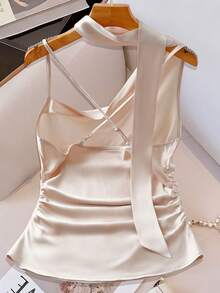 GlowEve CURVE Plus Size Women's Champagne Ribbon Spaghetti Strap Asymmetrical One Shoulder Cinched Waist Tank Top, Summer Sexy Camisole, Satin Date Night - Blue - View 2