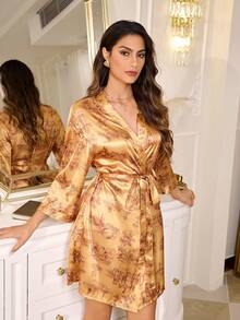 LuxeNights Women's Casual Cherry Plaid Print Open Front Robe - Yellow - View 4