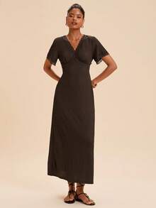 Travachic Women's Lace Patchwork Solid Color Short Sleeve V-Neck Dress,Summer,Beach Brunch,Elegant Romantic,Vacation,Lace Dark Brown, Elegant Party Dress - Brown - View 4