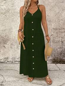 SHEIN LUNE Plus Size Solid Color Cami Strap Vacation Casual Dress - Green - View 5