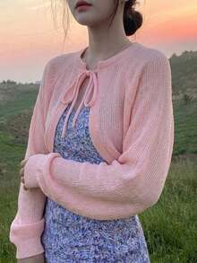DAZY Women's Solid Color Raglan Sleeve Long Sleeve Tie-Front Knit Casual Cardigan - Pink - View 1