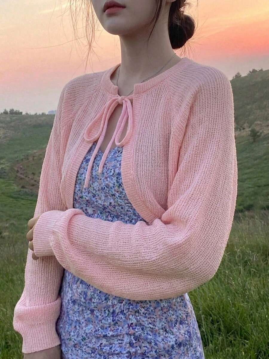 DAZY Women's Solid Color Raglan Sleeve Long Sleeve Tie-Front Knit Casual Cardigan - Pink - View 1