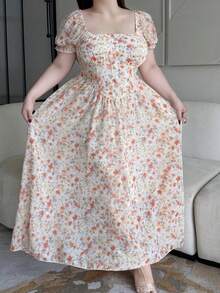 Vibekara Plus Size Summer Short Sleeve Square Neck Fitted Midi Orange Ditsy Floral Vacation Dress Fairy - Multicolor - View 7