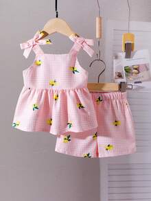 SHEIN Playful Pals 2件組女嬰幼兒/新生兒0-3歲春夏季休閒日常可愛度假條紋蝴蝶結裝飾可愛黃色檸檬圖案吊帶背心上衣+短褲套裝 - 粉色 - 查看 7