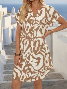 EMERY ROSE Women's Simple Boho Print Short Sleeve Dress Vacation Off-White Summer - Khaki - View 7